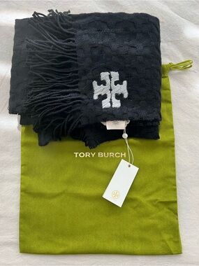 Tory Burch Black and White Logo Fringe Knit Scarf